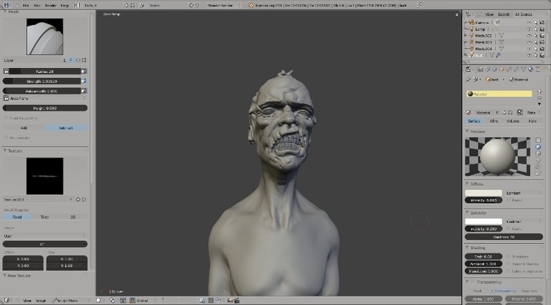 With a great variety of tools available, Sculpting can be used to create very detailed organic looking characters. Coupled with modifiers like multi-res, the models can be very complex while the Blender interface remains responsive.